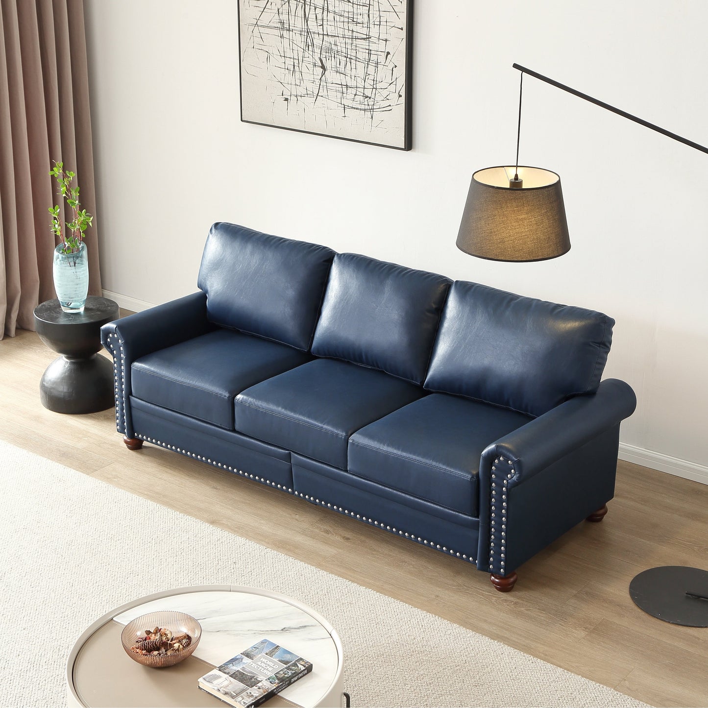Canapé 3 places classique 83 en cuir PU avec coffre de rangement inférieur et décoration cloutée