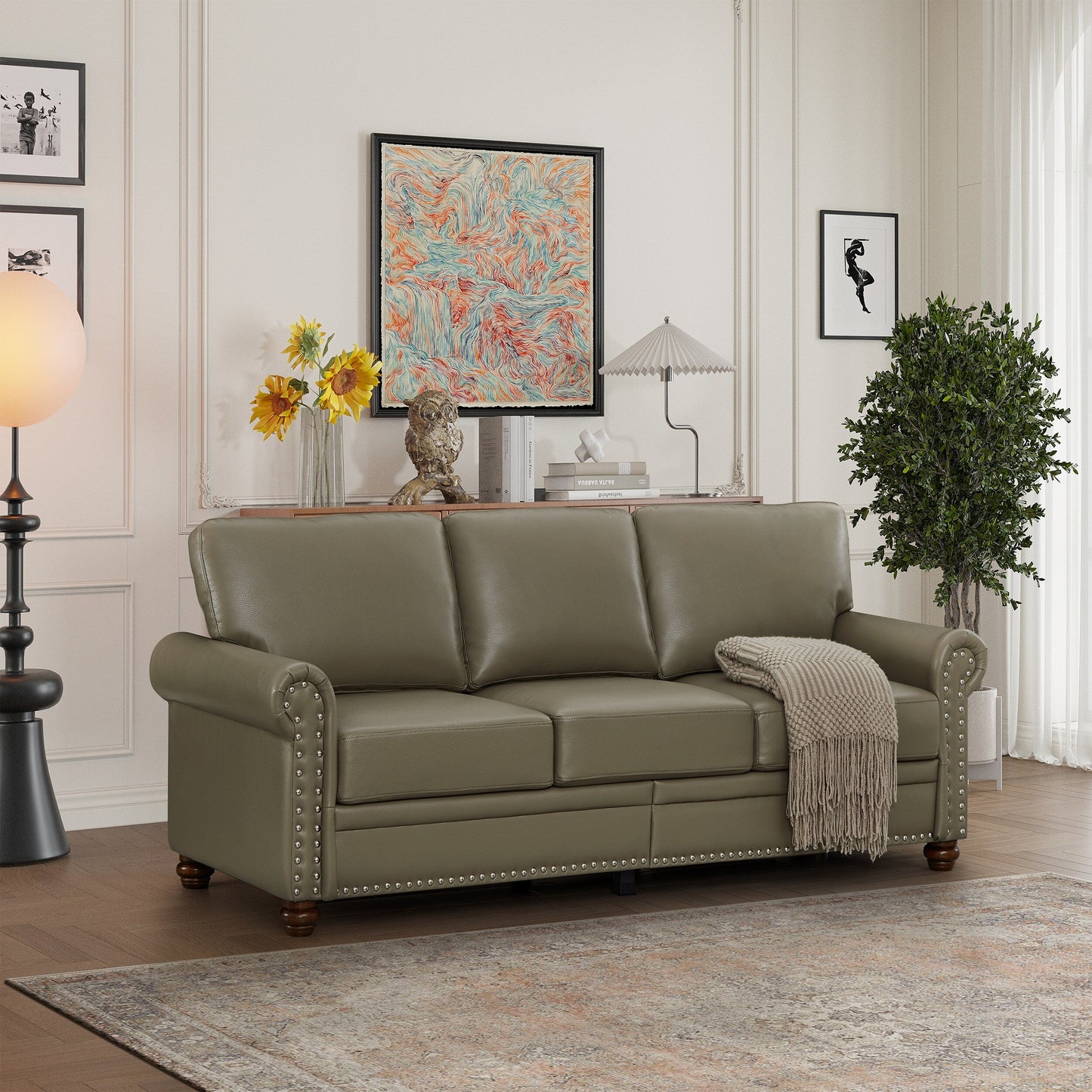 Canapé 3 places classique 83 en cuir PU avec coffre de rangement inférieur et décoration cloutée