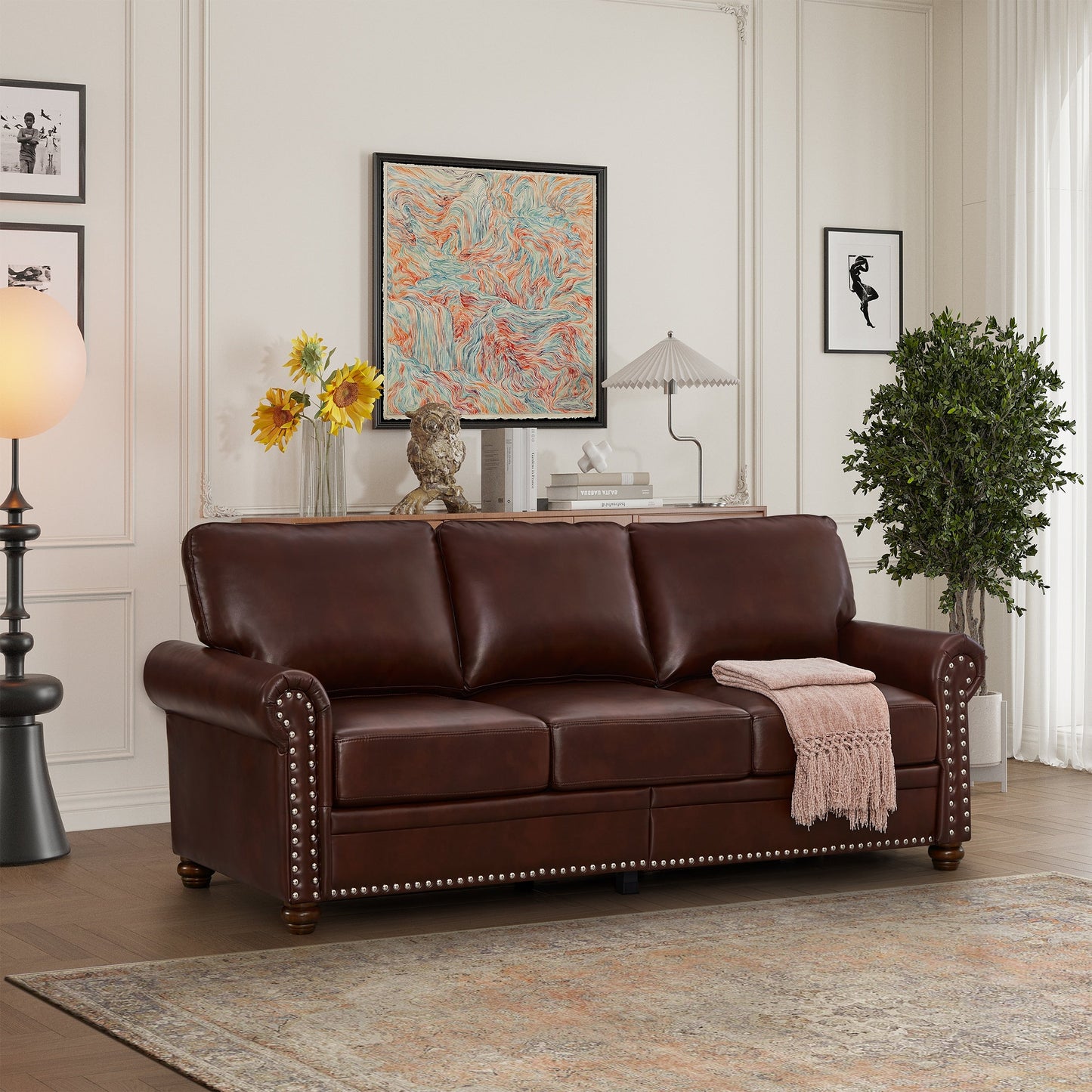 Canapé 3 places classique 83 en cuir PU avec coffre de rangement inférieur et décoration cloutée