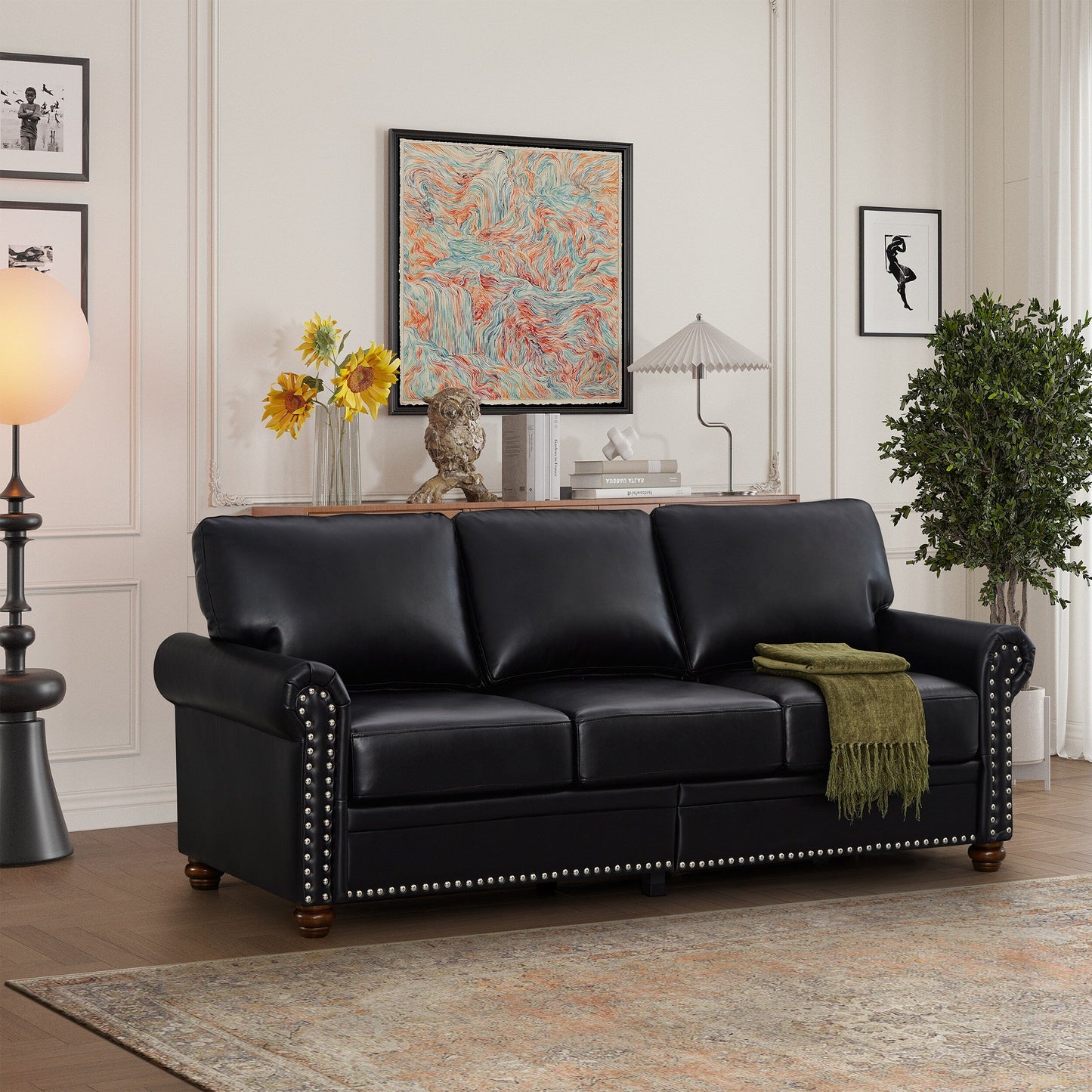 Canapé 3 places classique 83 en cuir PU avec coffre de rangement inférieur et décoration cloutée