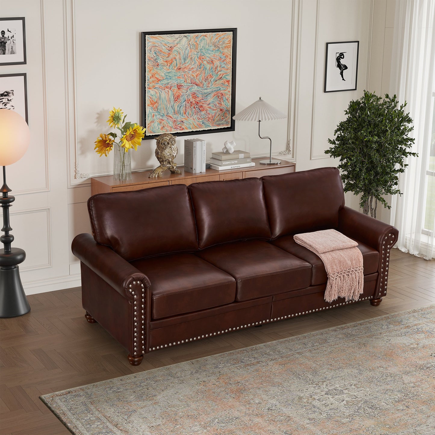 Canapé 3 places classique 83 en cuir PU avec coffre de rangement inférieur et décoration cloutée
