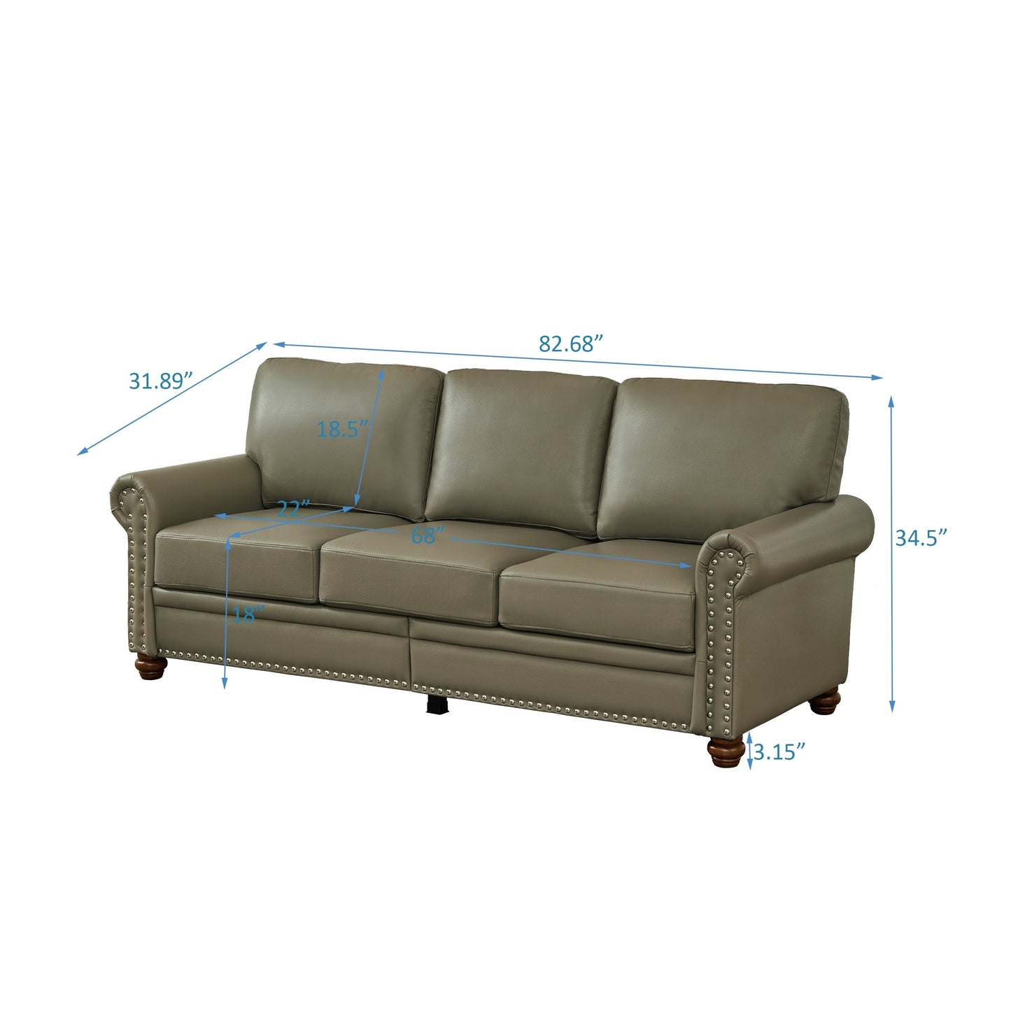 Canapé 3 places classique 83 en cuir PU avec coffre de rangement inférieur et décoration cloutée