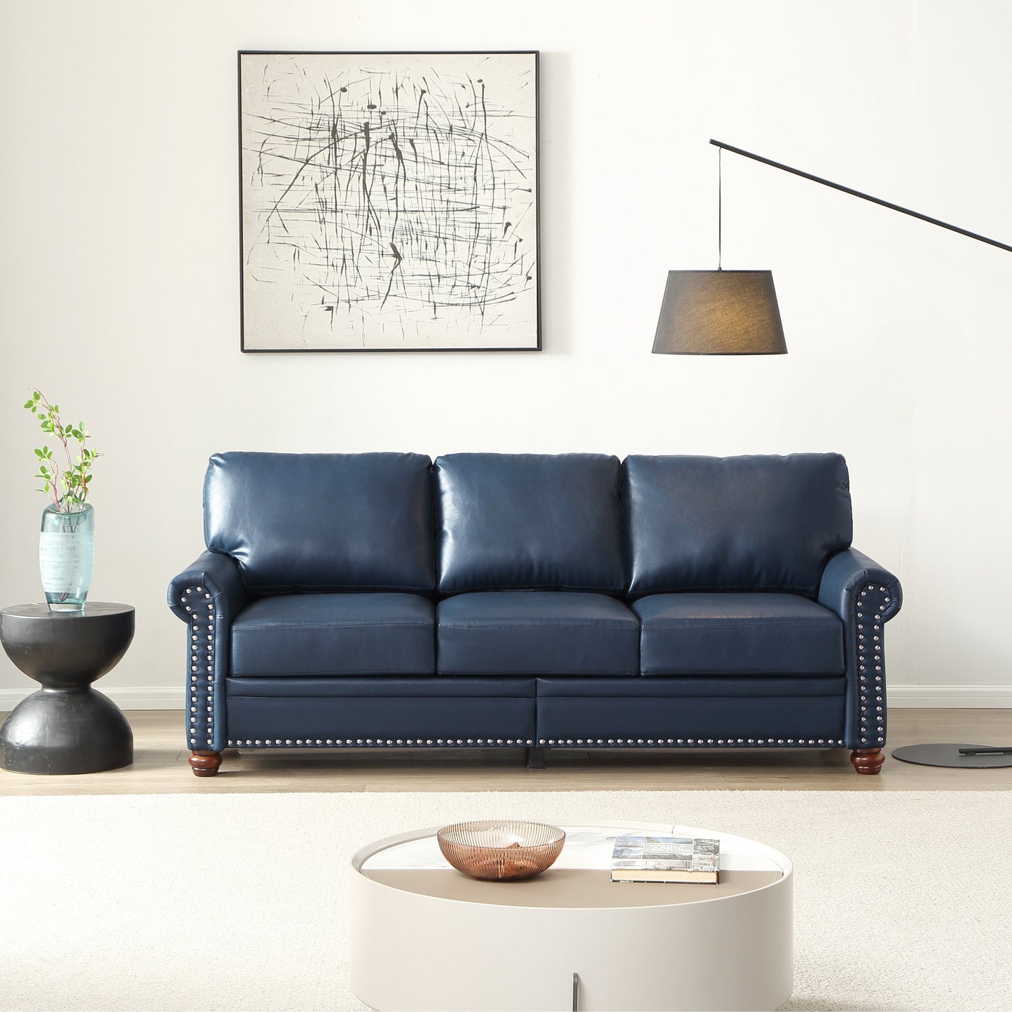 Canapé 3 places classique 83 en cuir PU avec coffre de rangement inférieur et décoration cloutée