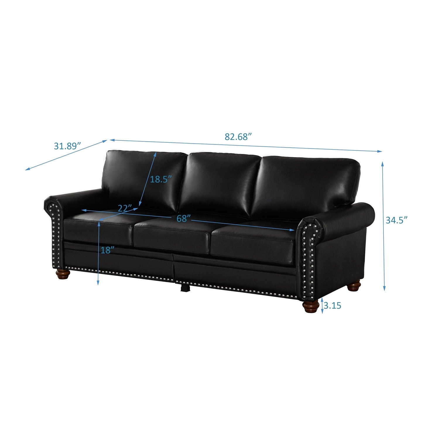 Canapé 3 places classique 83 en cuir PU avec coffre de rangement inférieur et décoration cloutée