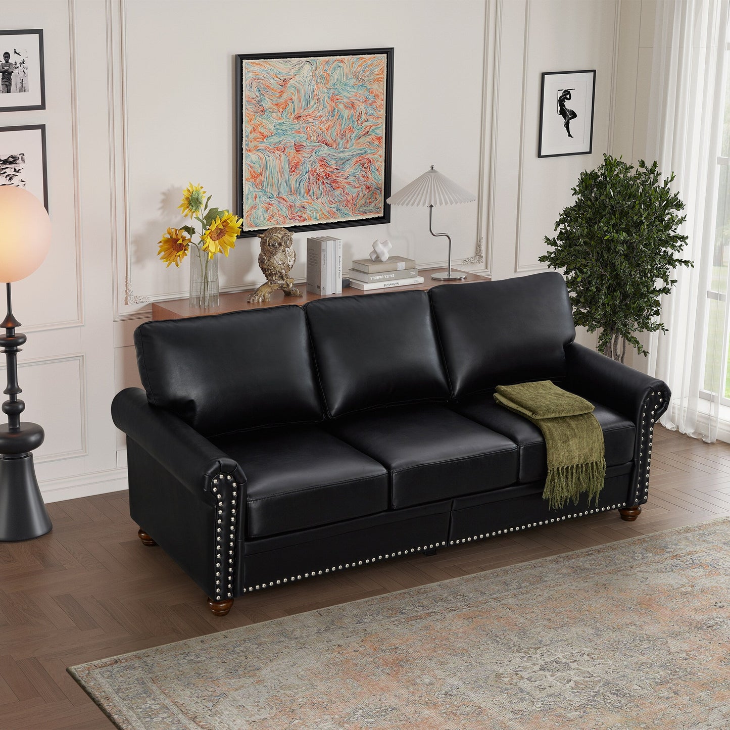 Canapé 3 places classique 83 en cuir PU avec coffre de rangement inférieur et décoration cloutée