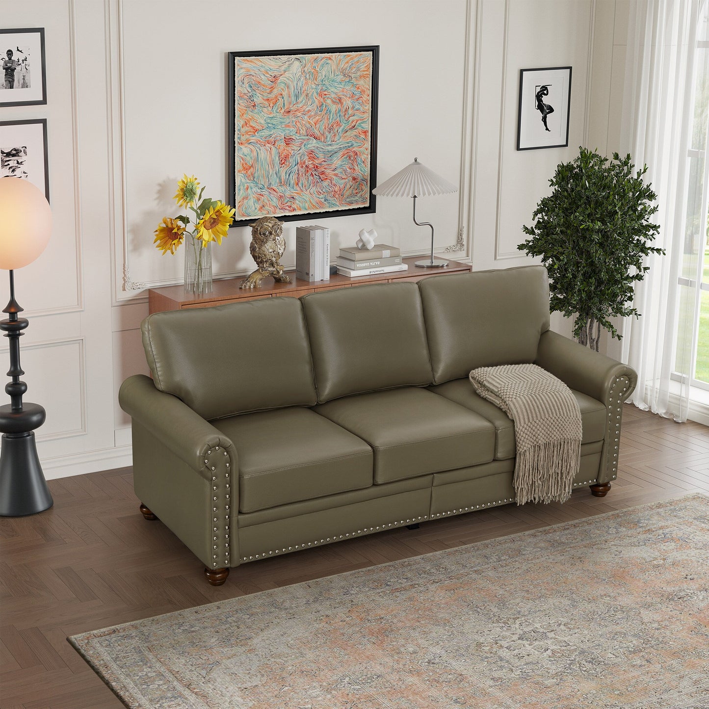 Canapé 3 places classique 83 en cuir PU avec coffre de rangement inférieur et décoration cloutée