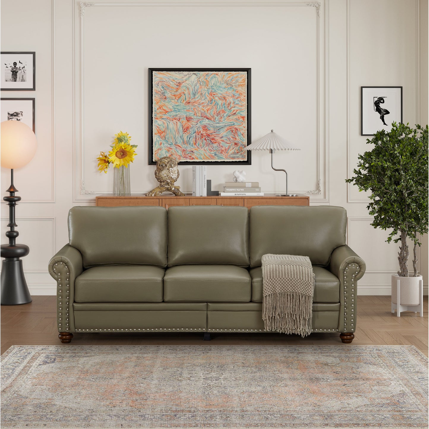 Canapé 3 places classique 83 en cuir PU avec coffre de rangement inférieur et décoration cloutée