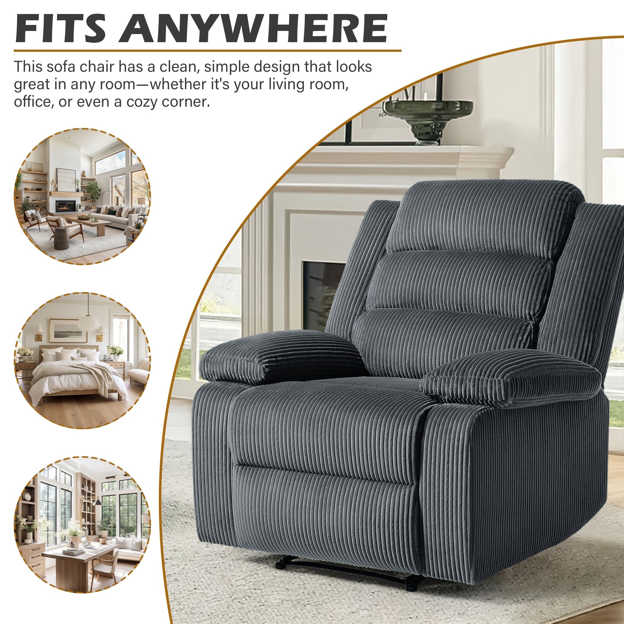 Fauteuil inclinable manuel classique rembourré en velours côtelé