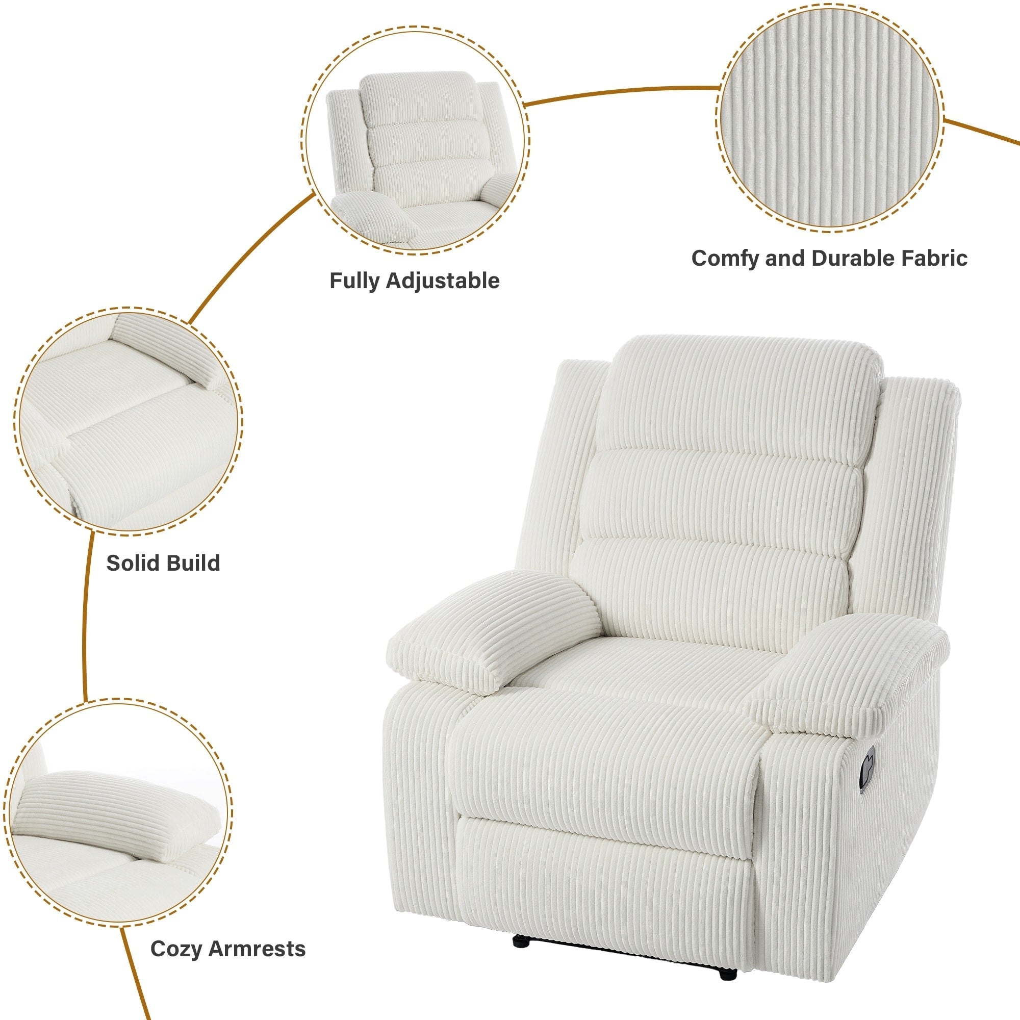 Fauteuil inclinable manuel classique rembourré en velours côtelé