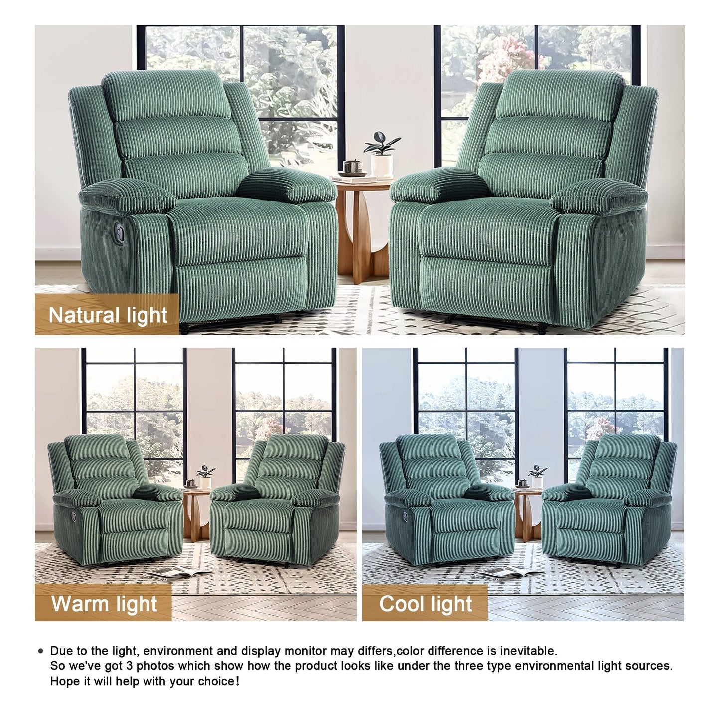 Fauteuil inclinable manuel classique en velours côtelé (lot de 2)