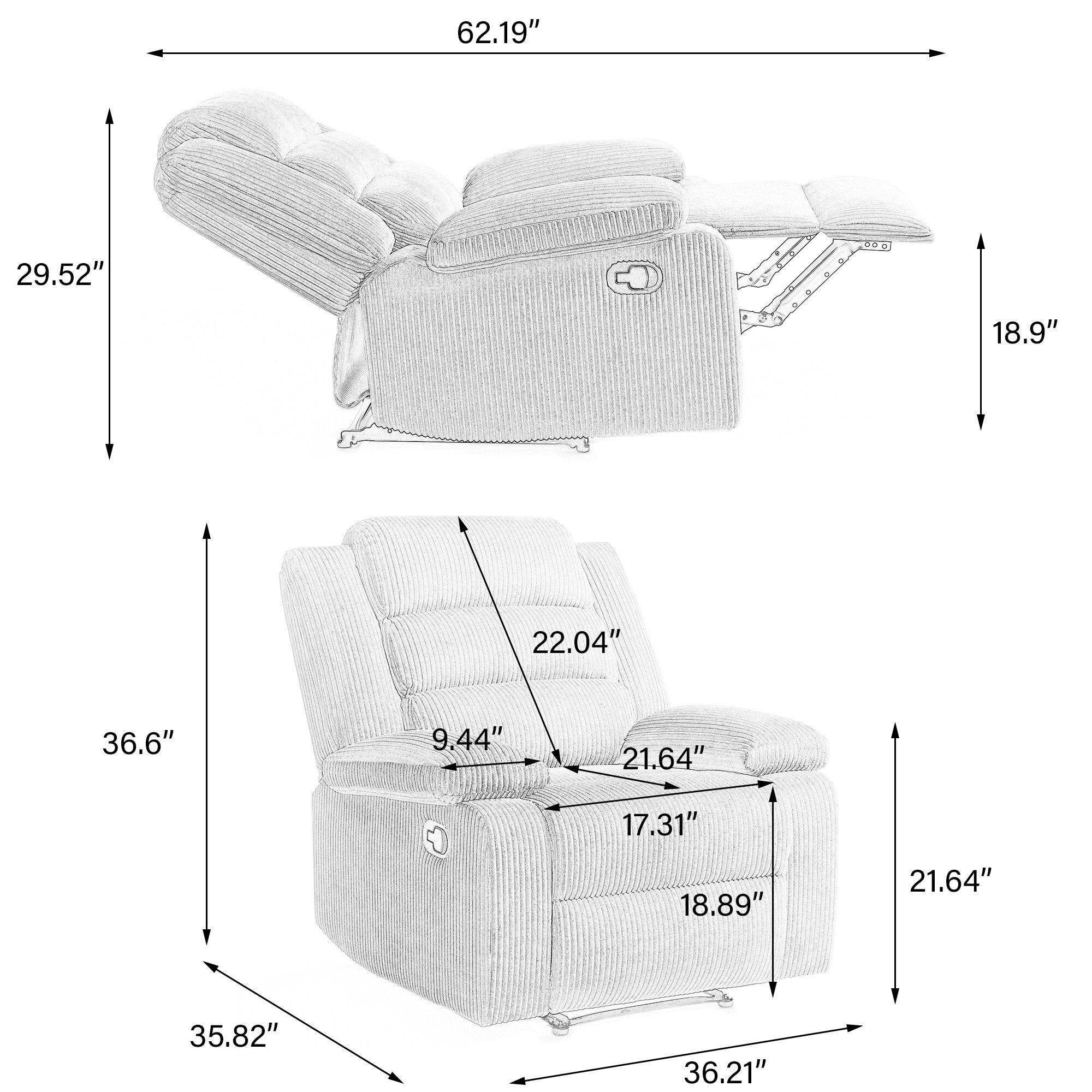 Fauteuil inclinable manuel classique en velours côtelé (lot de 2)