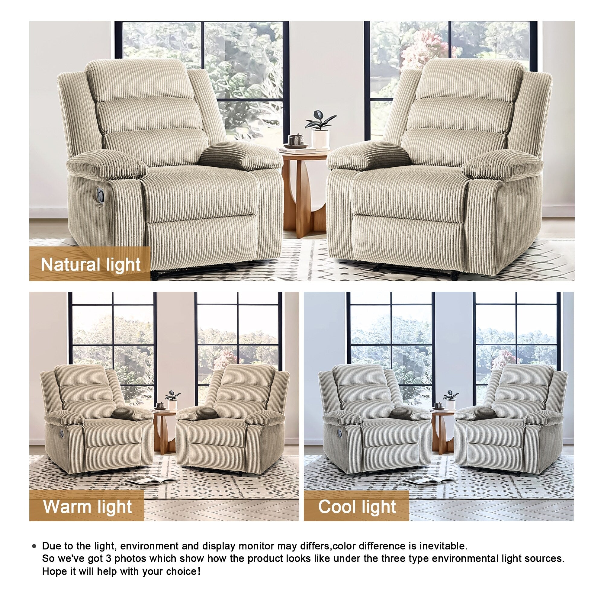 Fauteuil inclinable manuel classique en velours côtelé (lot de 2)