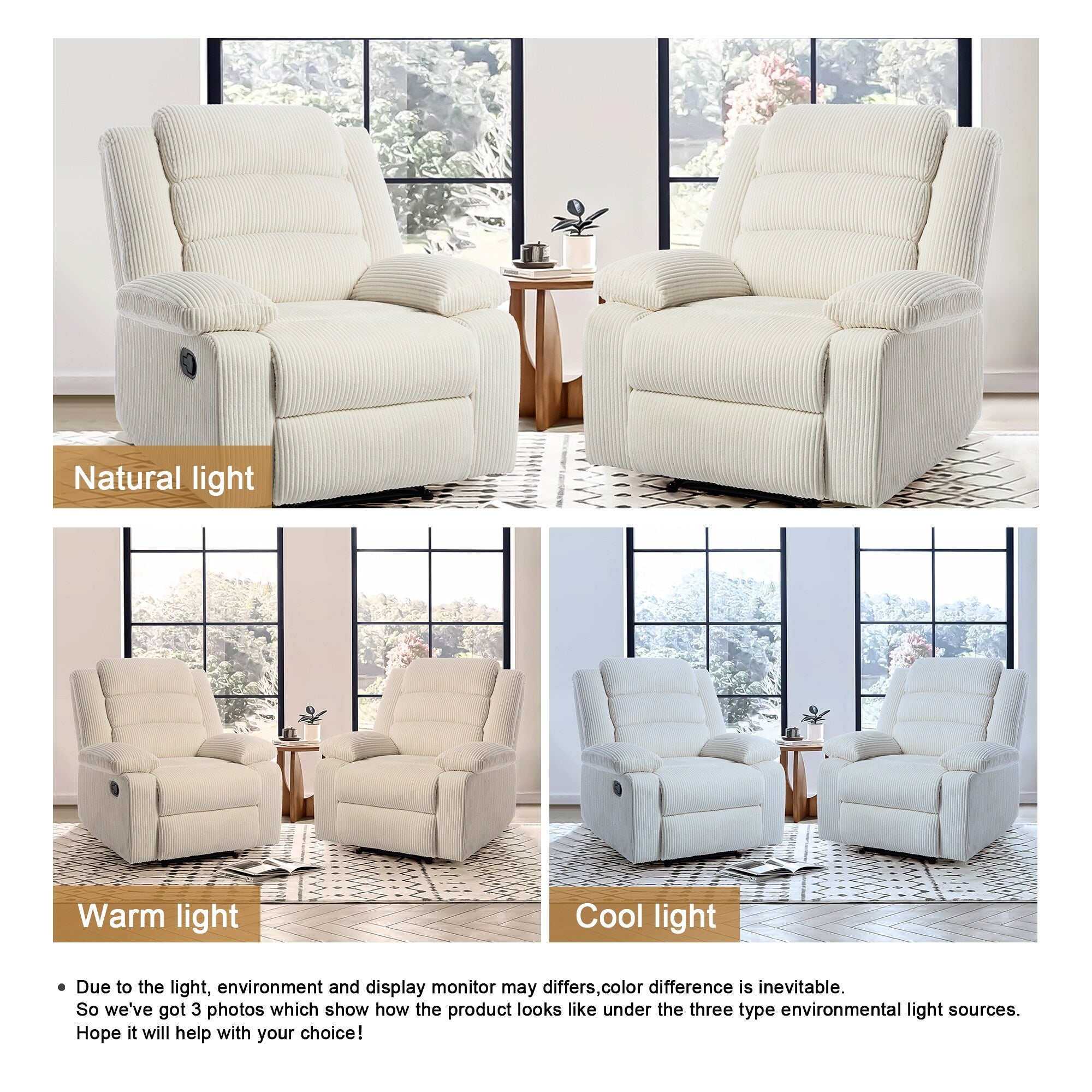 Fauteuil inclinable manuel classique en velours côtelé (lot de 2)