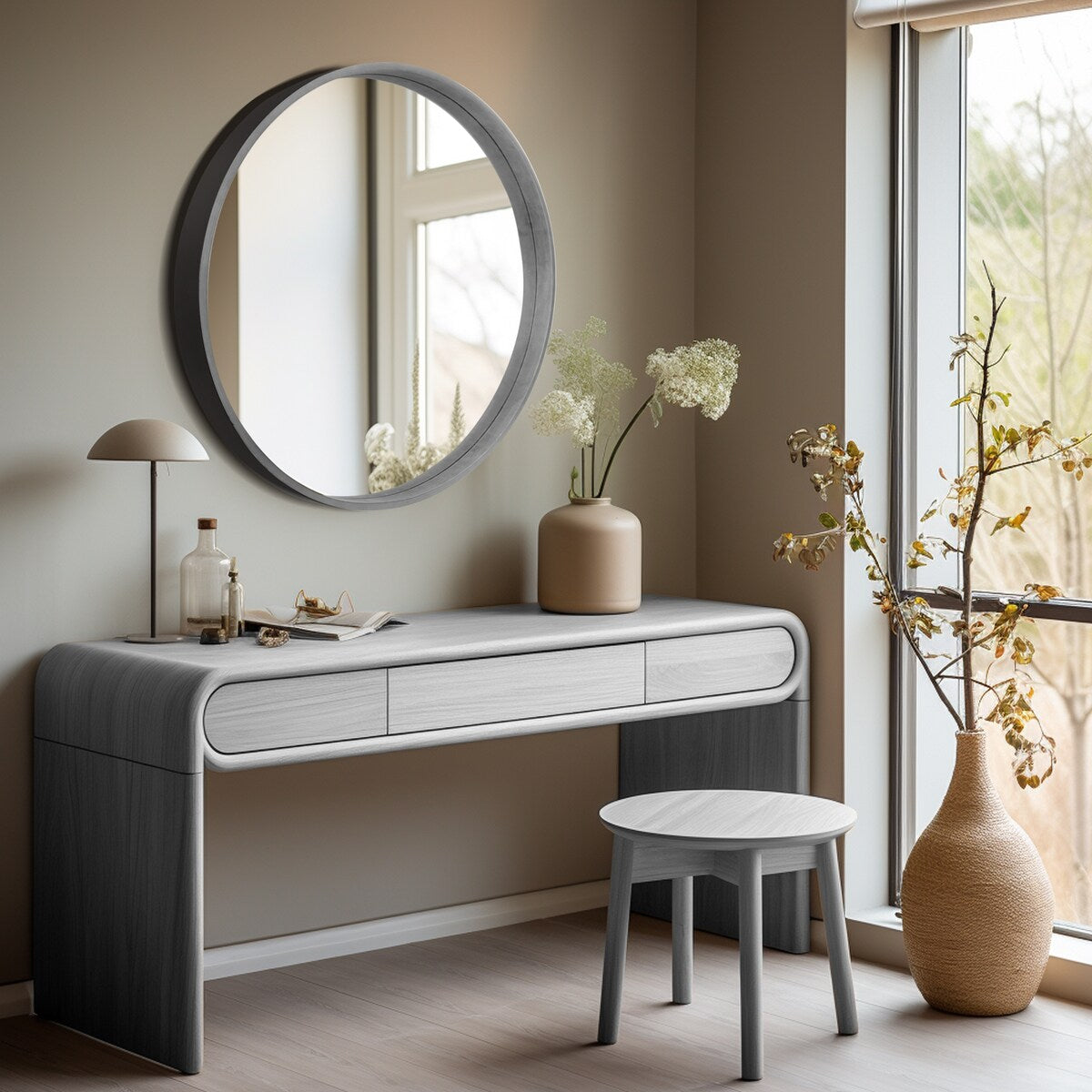 Miroir mural rond classique avec cadre en bois