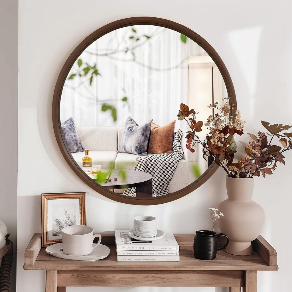 Miroir mural rond classique avec cadre en bois