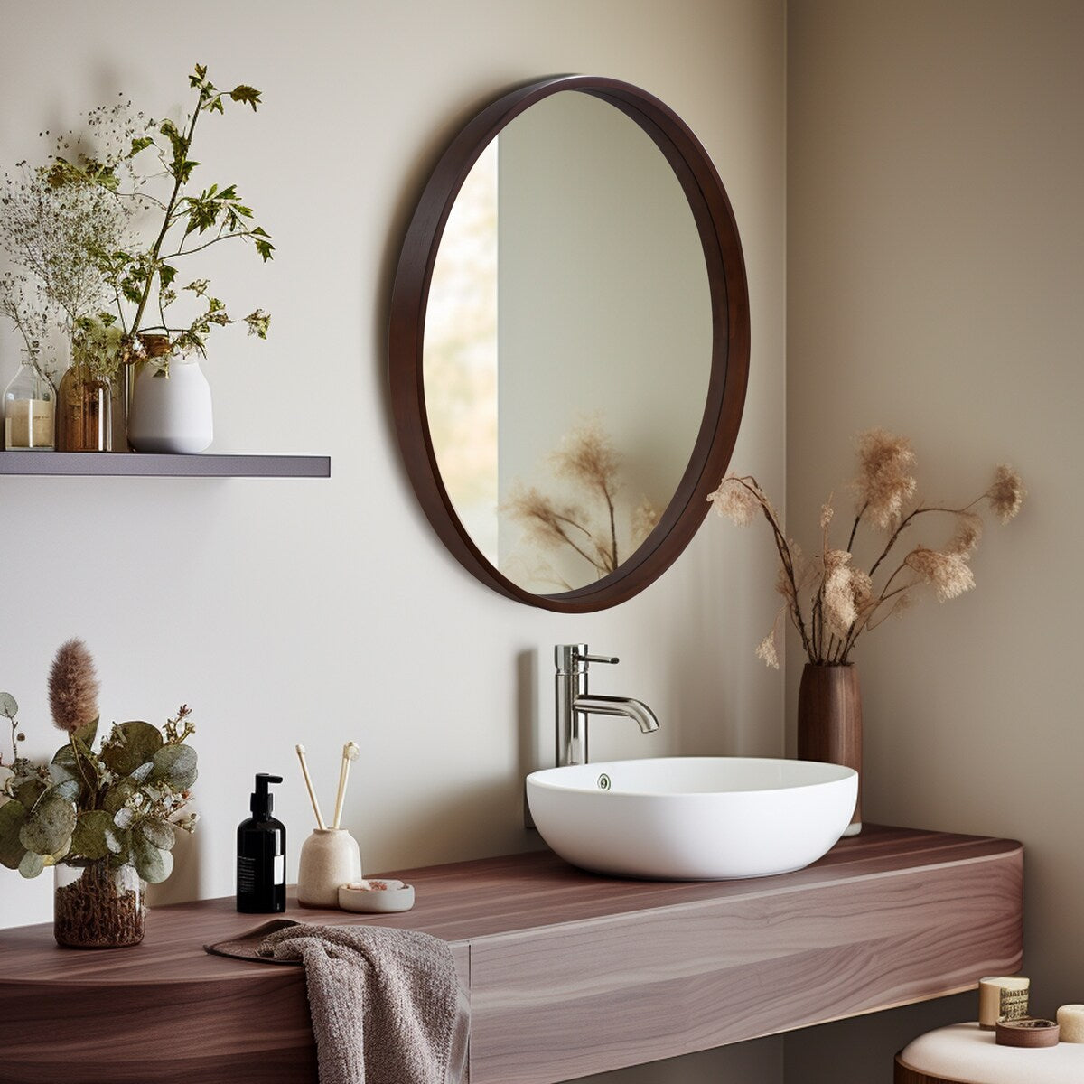 Miroir mural rond classique avec cadre en bois