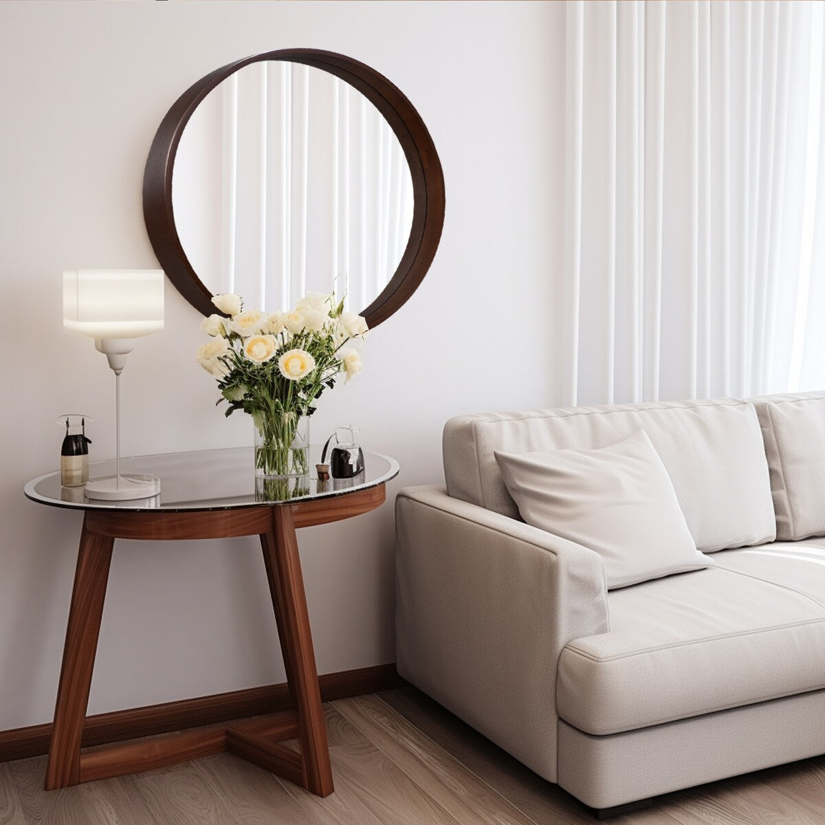 Miroir mural rond classique avec cadre en bois