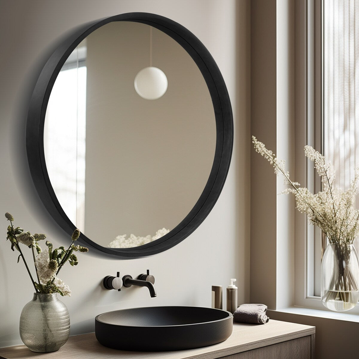 Miroir mural rond classique avec cadre en bois
