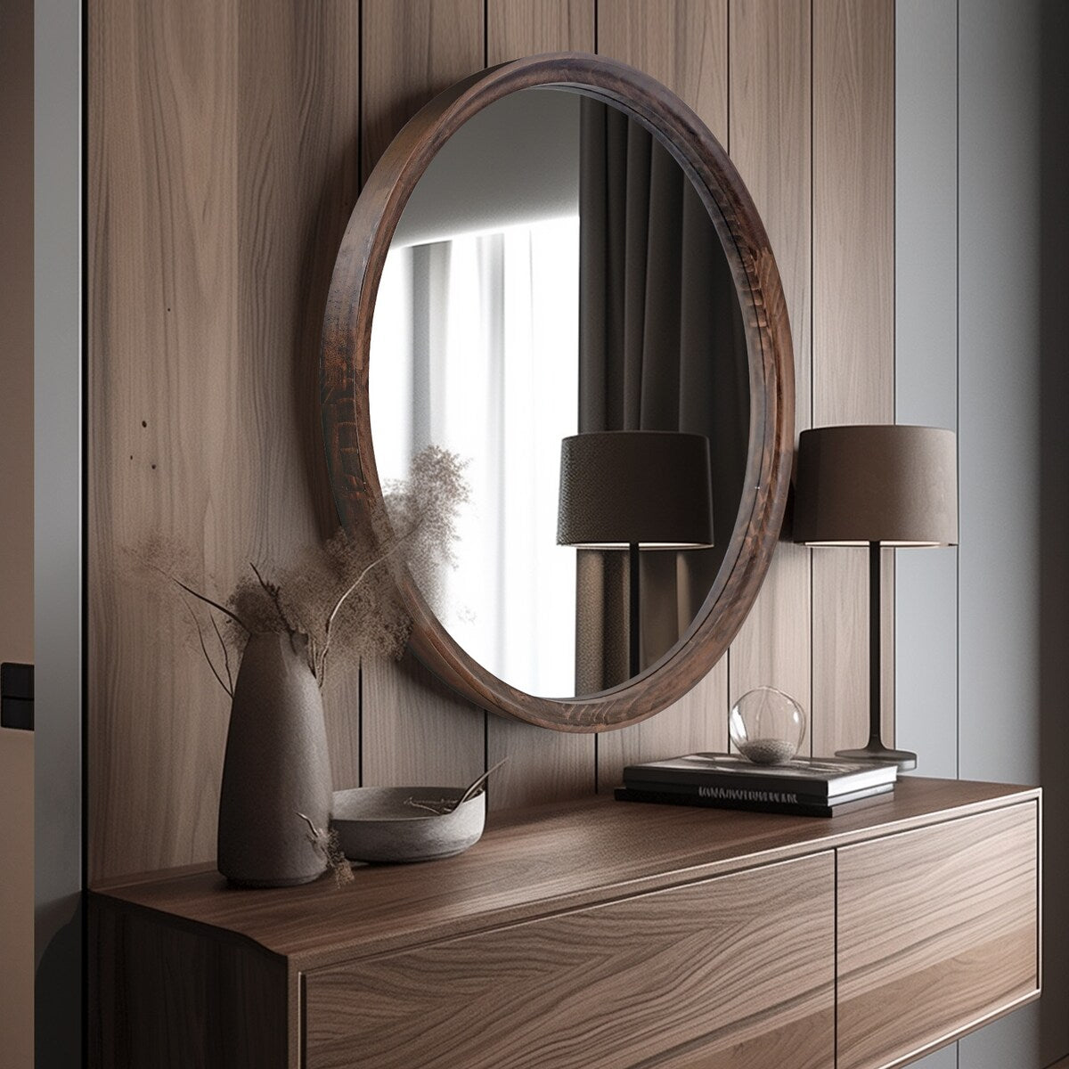 Miroir mural rond classique avec cadre en bois