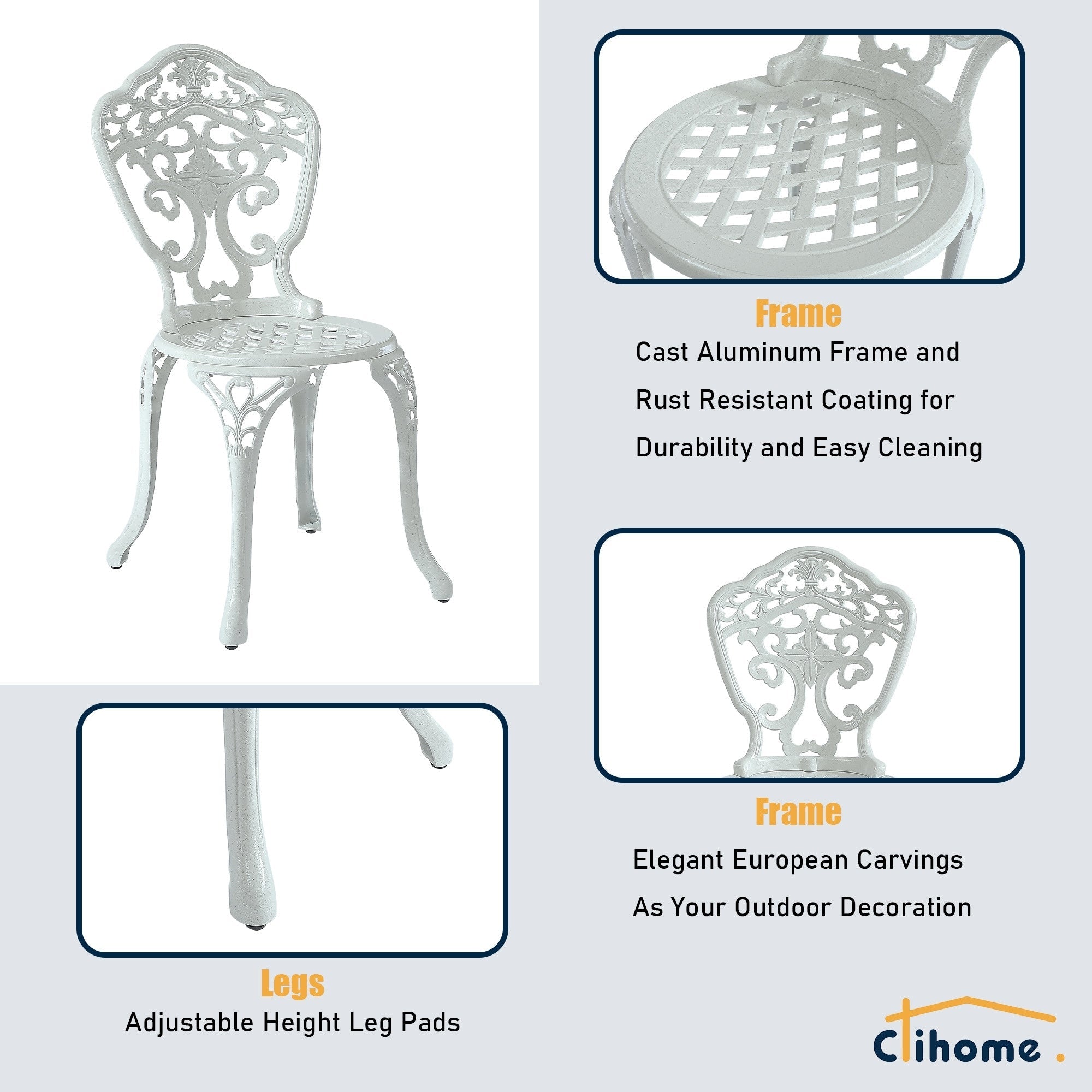 Ensemble bistrot extérieur 3 pièces Clihome en aluminium moulé résistant à la rouille