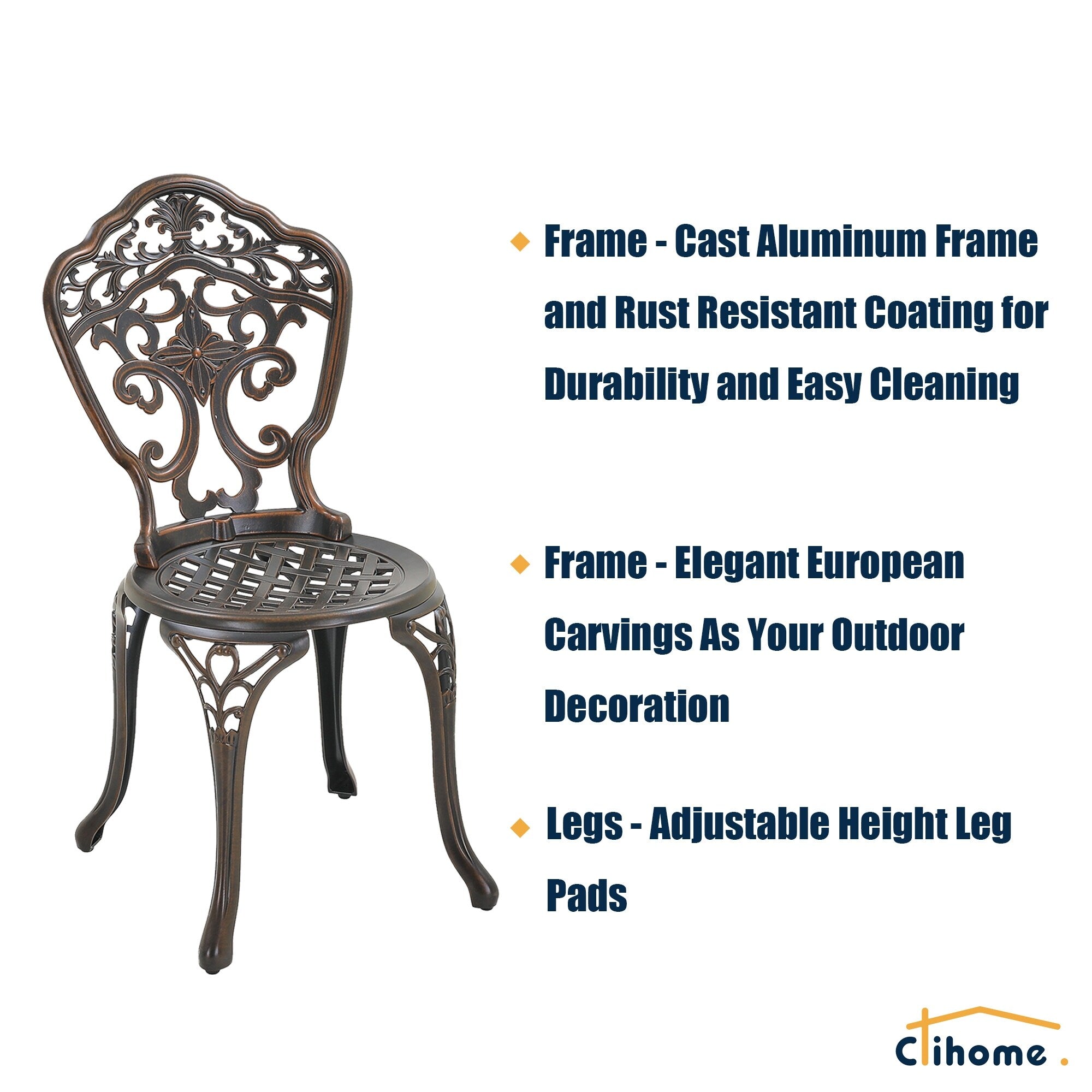 Ensemble bistrot extérieur 3 pièces Clihome en aluminium moulé résistant à la rouille