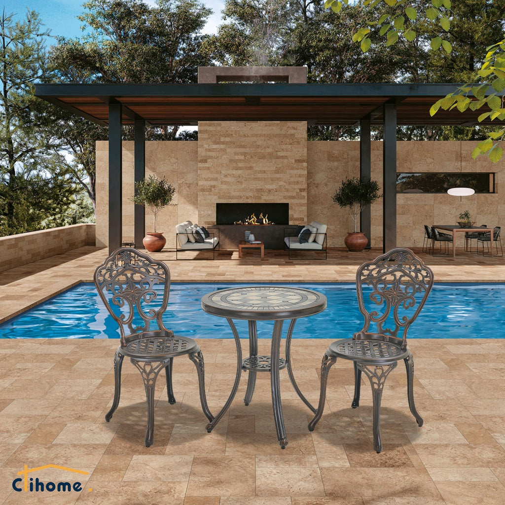 Ensemble bistrot extérieur 3 pièces Clihome en aluminium moulé résistant à la rouille