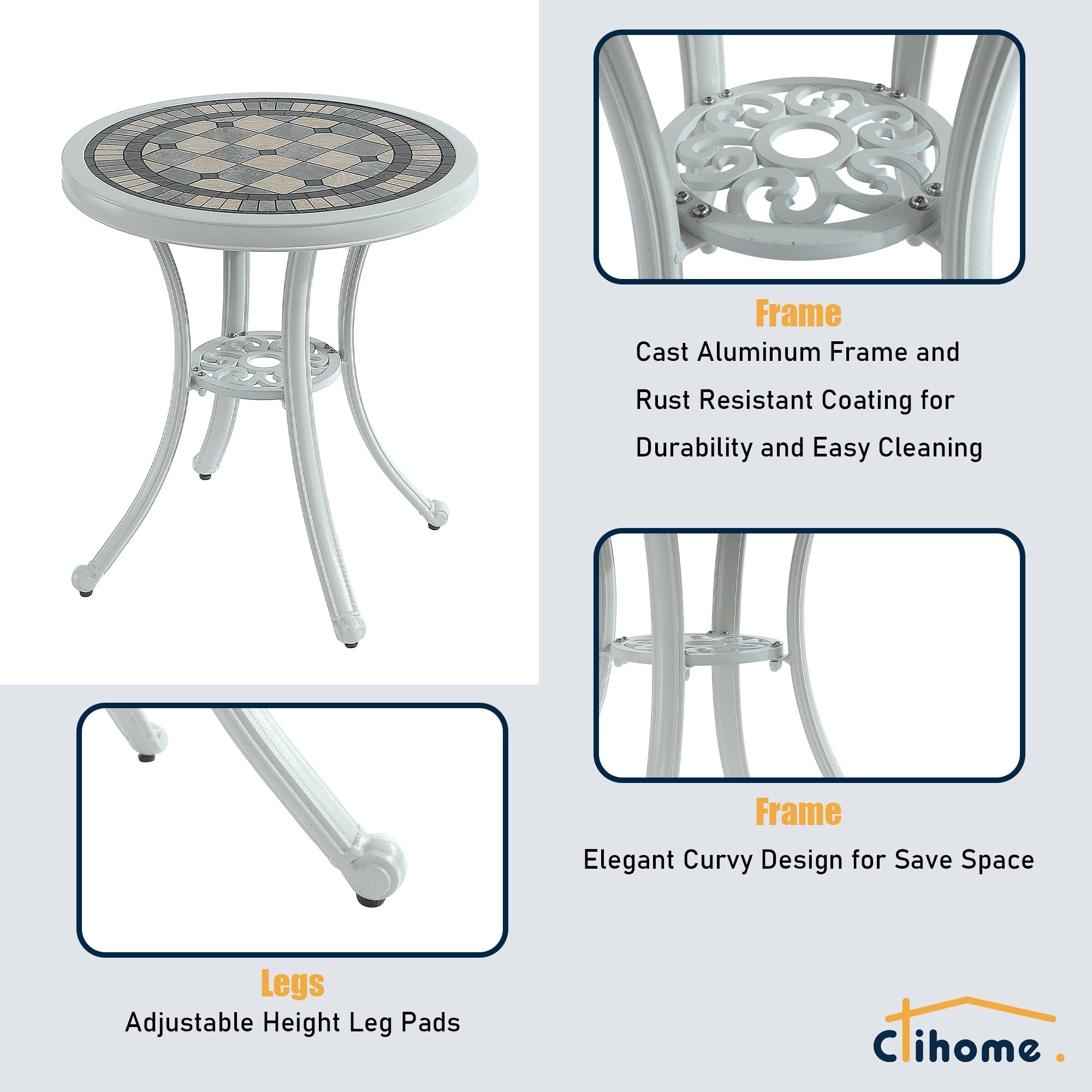 Ensemble bistrot extérieur 3 pièces Clihome en aluminium moulé résistant à la rouille