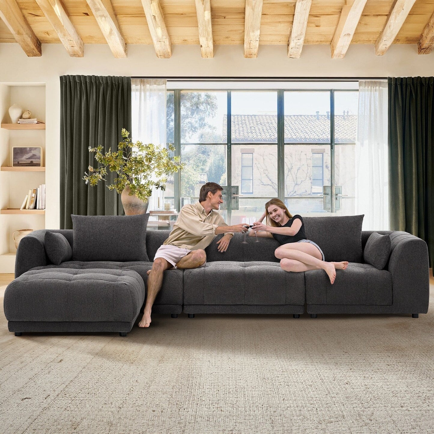 Canapé modulaire Cloud 144 avec pouf - Canapé de salon en tissu chenille moelleux