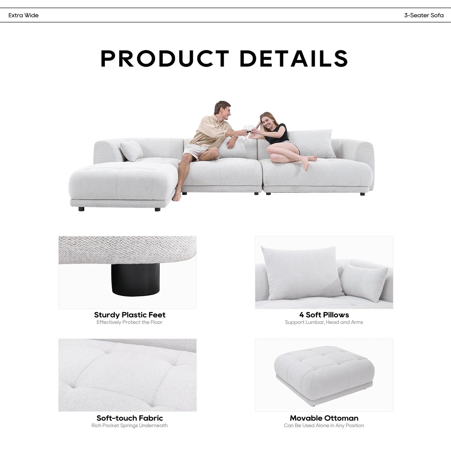 Canapé modulaire Cloud 144 avec pouf - Canapé de salon en tissu chenille moelleux