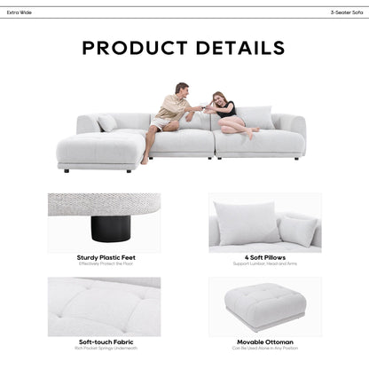 Canapé modulaire Cloud 144 avec pouf - Canapé de salon en tissu chenille moelleux