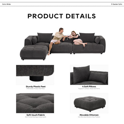 Canapé modulaire Cloud 144 avec pouf - Canapé de salon en tissu chenille moelleux
