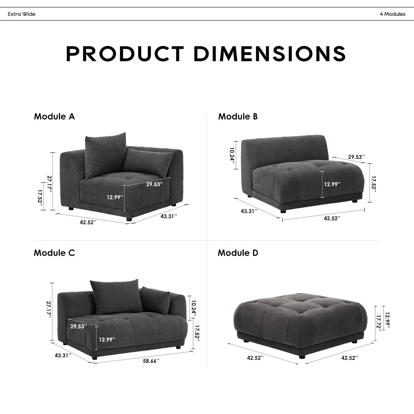 Canapé modulaire Cloud 144 avec pouf - Canapé de salon en tissu chenille moelleux
