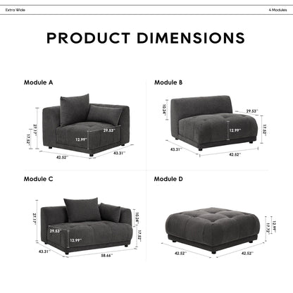 Canapé modulaire Cloud 144 avec pouf - Canapé de salon en tissu chenille moelleux