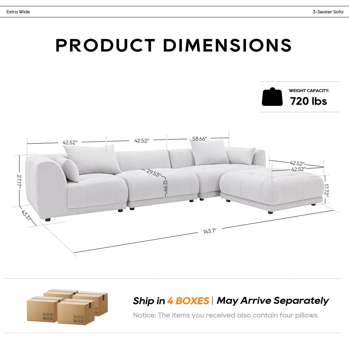 Canapé modulaire Cloud 144 avec pouf - Canapé de salon en tissu chenille moelleux