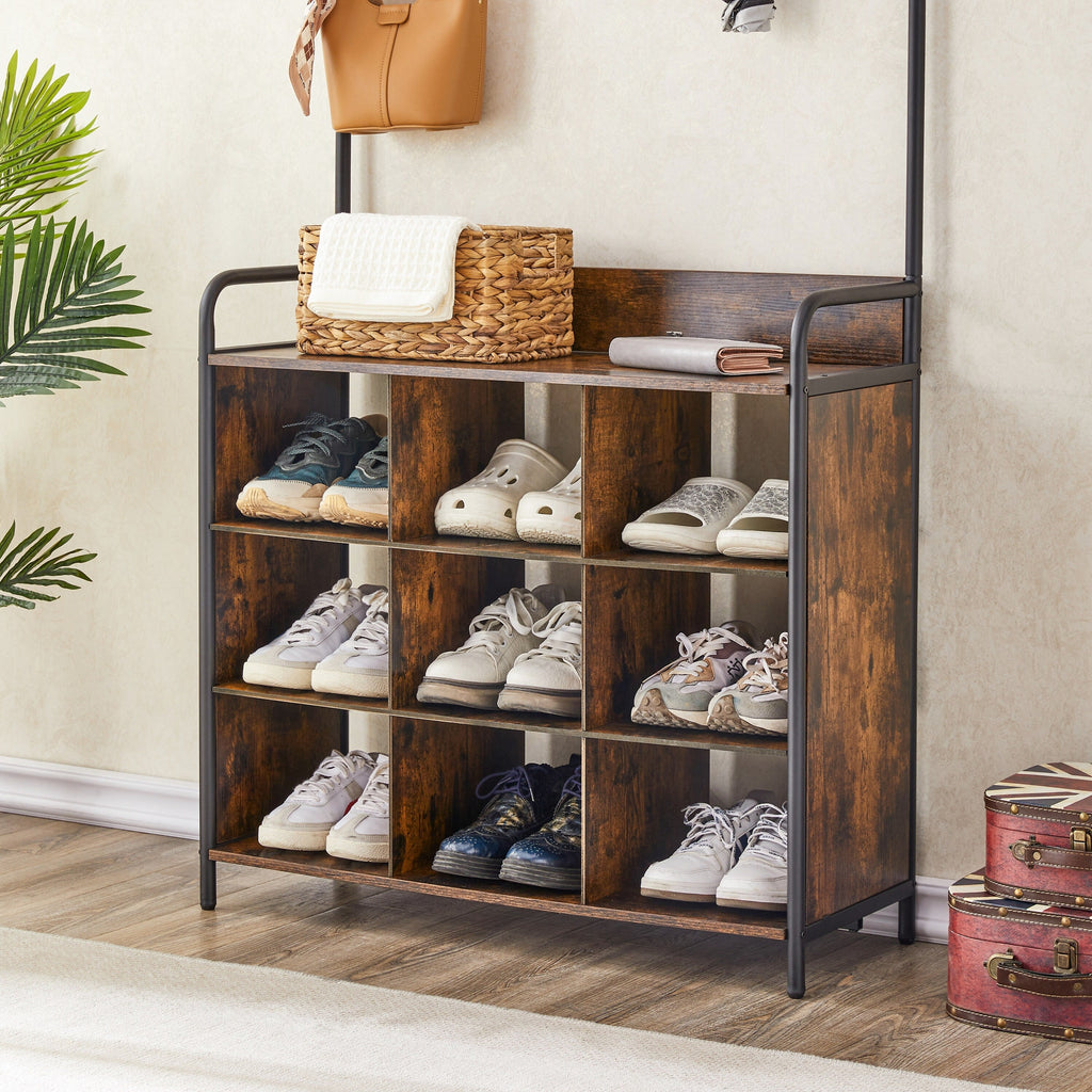 Coat Rack with Shoe Rack for Entryway, 3-in-1 with 7 Hooks, a Hanging Rod
