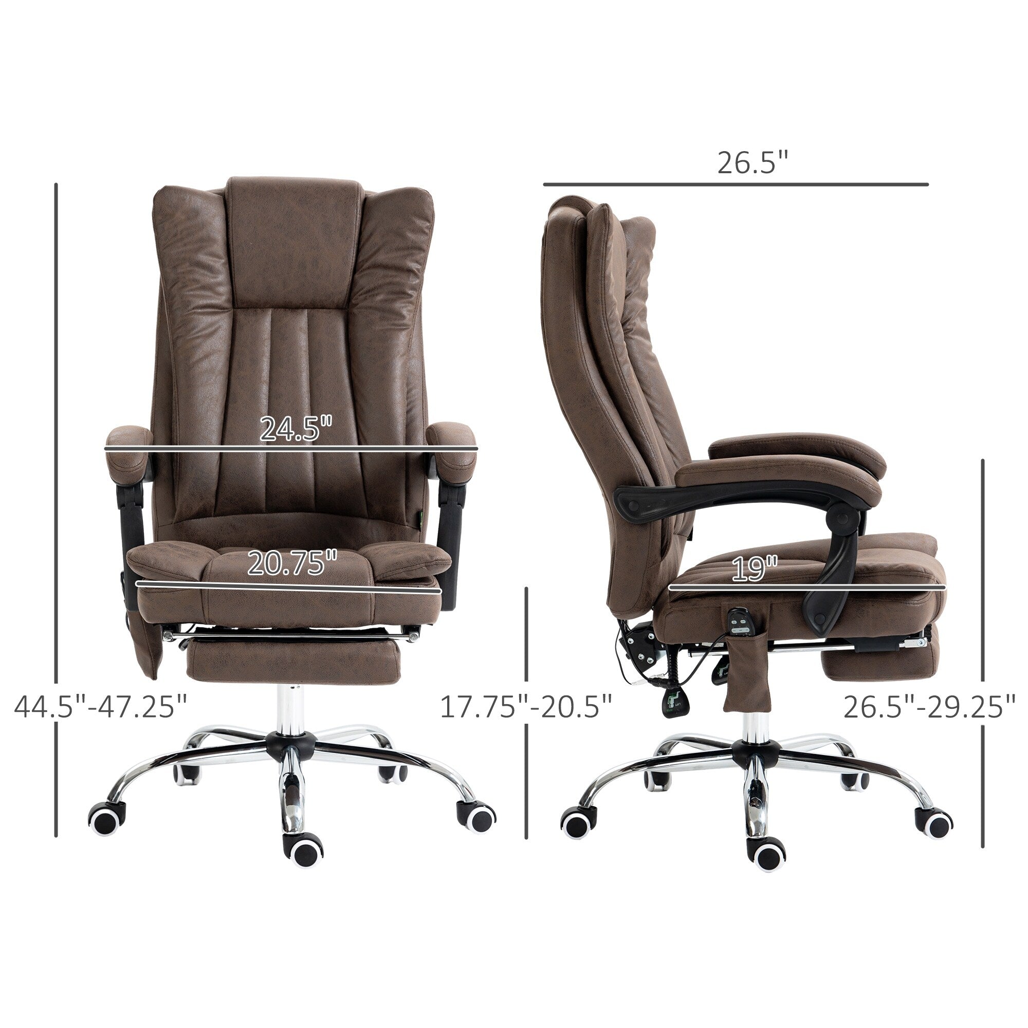 Fauteuil de bureau massant en microfibre couleur café avec hauteur réglable, dossier haut, repose-pieds rétractable et fonction chauffante