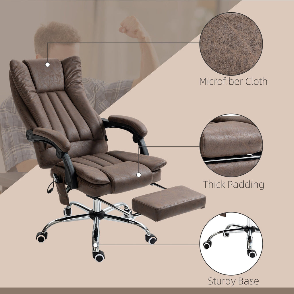 Fauteuil de bureau massant en microfibre couleur café avec hauteur réglable, dossier haut, repose-pieds rétractable et fonction chauffante