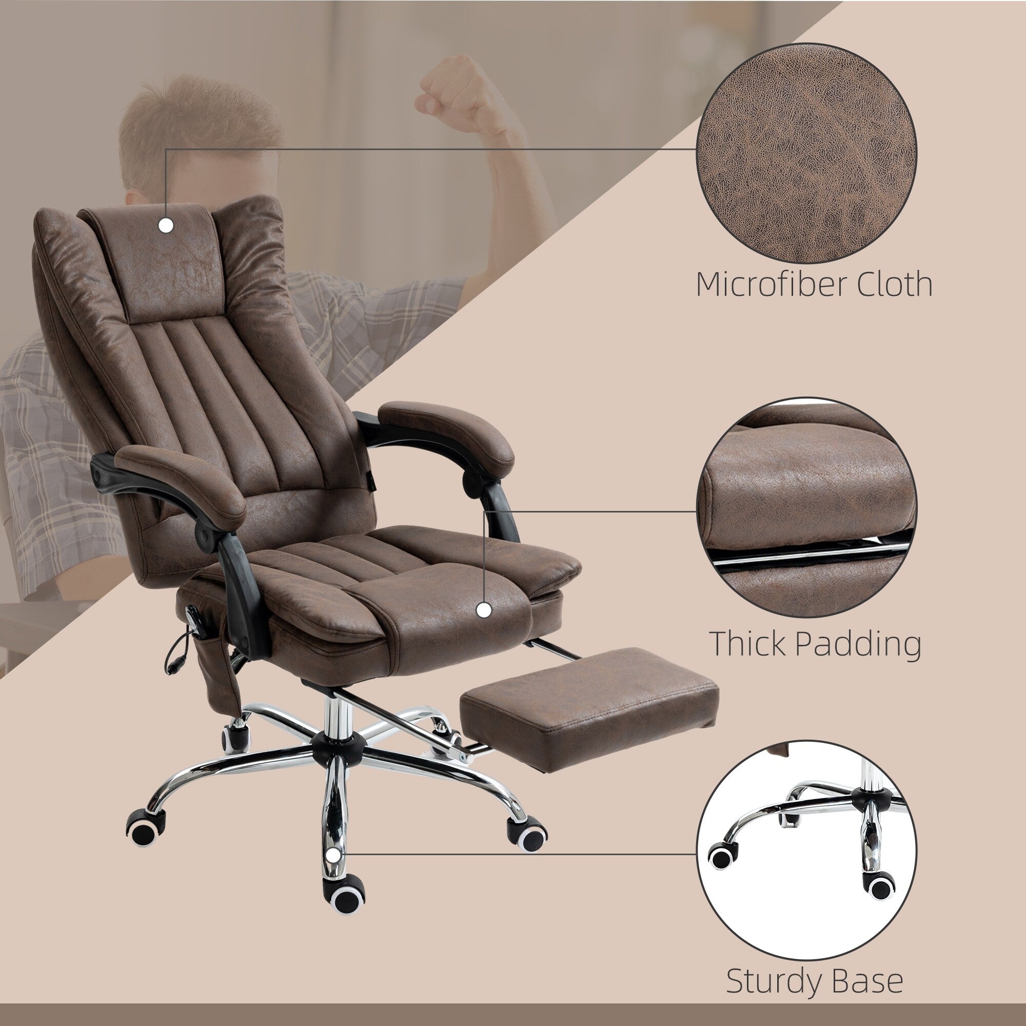Fauteuil de bureau massant en microfibre couleur café avec hauteur réglable, dossier haut, repose-pieds rétractable et fonction chauffante