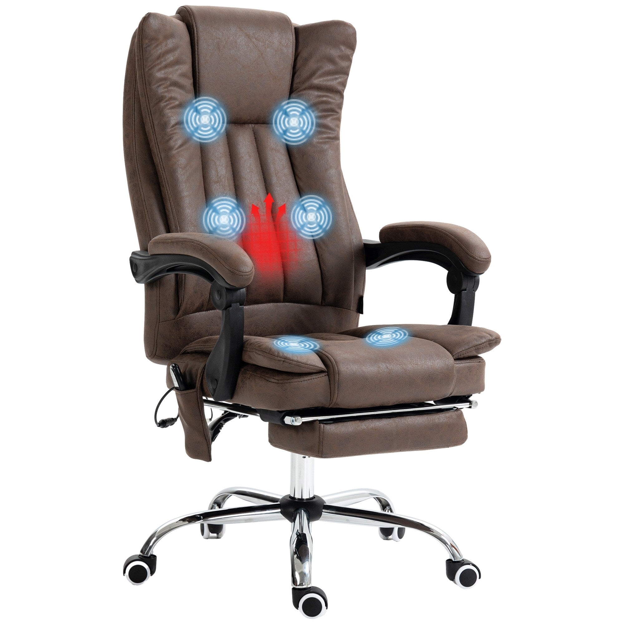 Fauteuil de bureau massant en microfibre couleur café avec hauteur réglable, dossier haut, repose-pieds rétractable et fonction chauffante