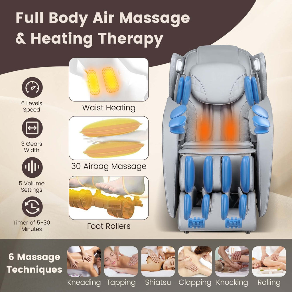 Fauteuil de massage complet confortable avec commande vocale et rouleau chauffant pour les pieds