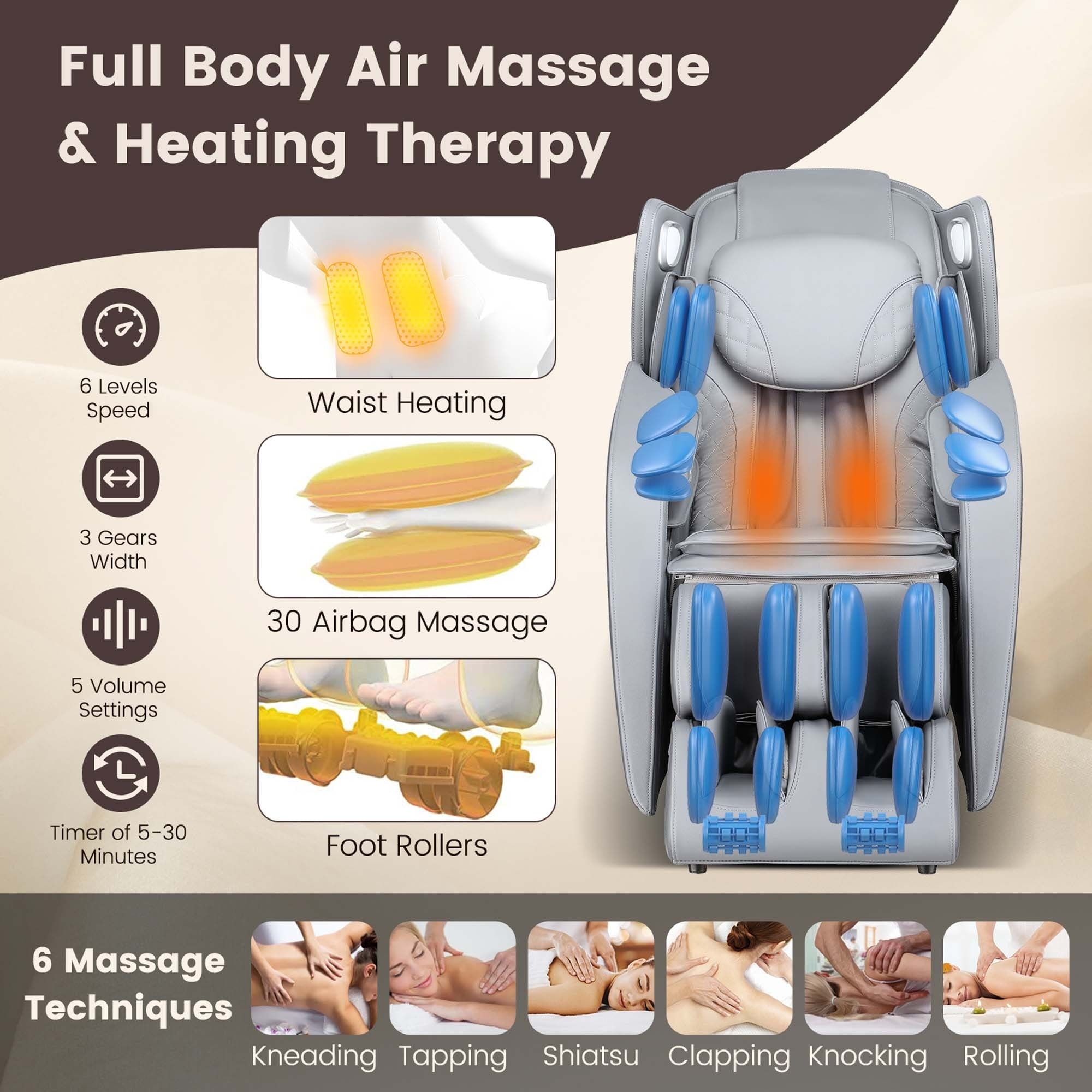 Fauteuil de massage complet confortable avec commande vocale et rouleau chauffant pour les pieds
