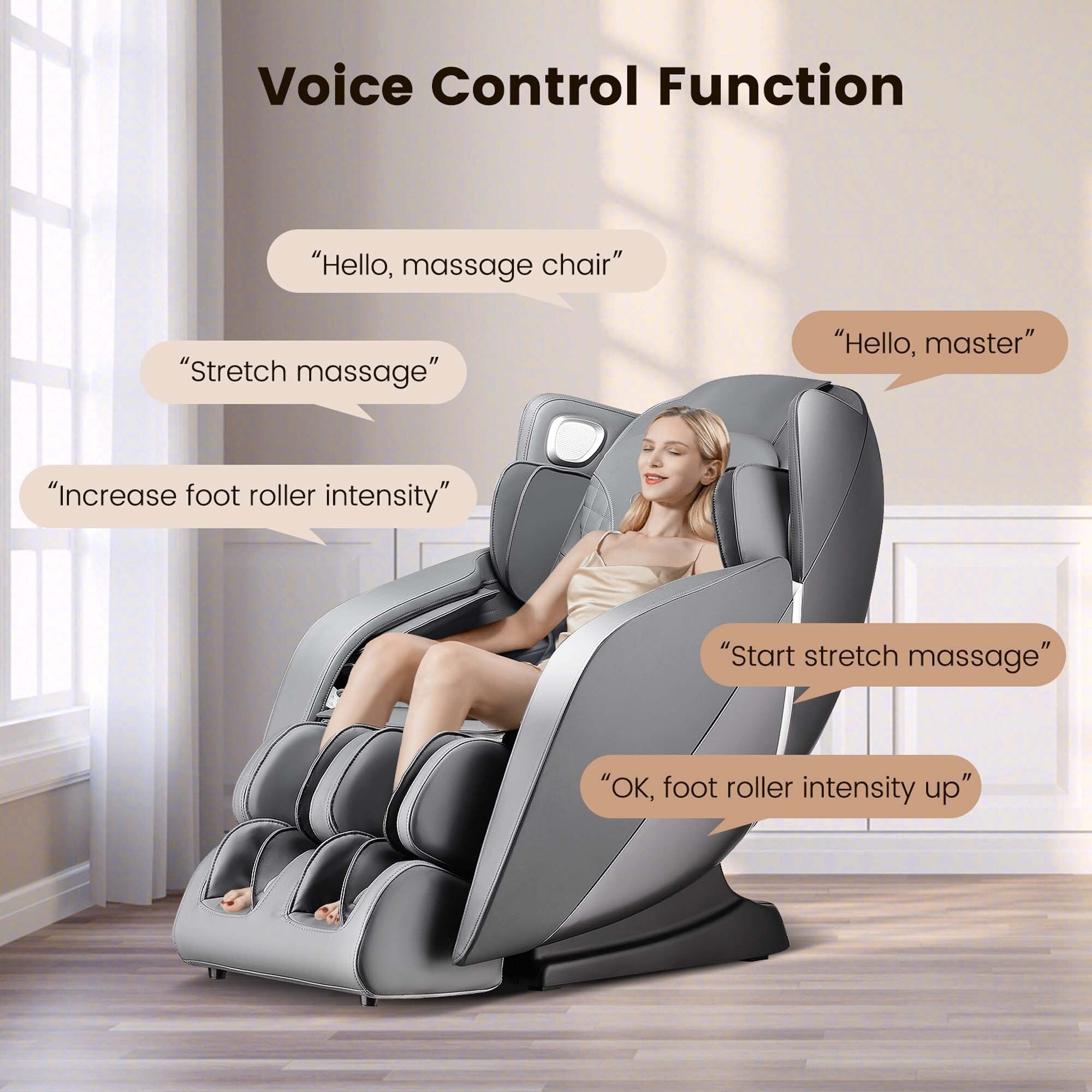 Fauteuil de massage complet confortable avec commande vocale et rouleau chauffant pour les pieds
