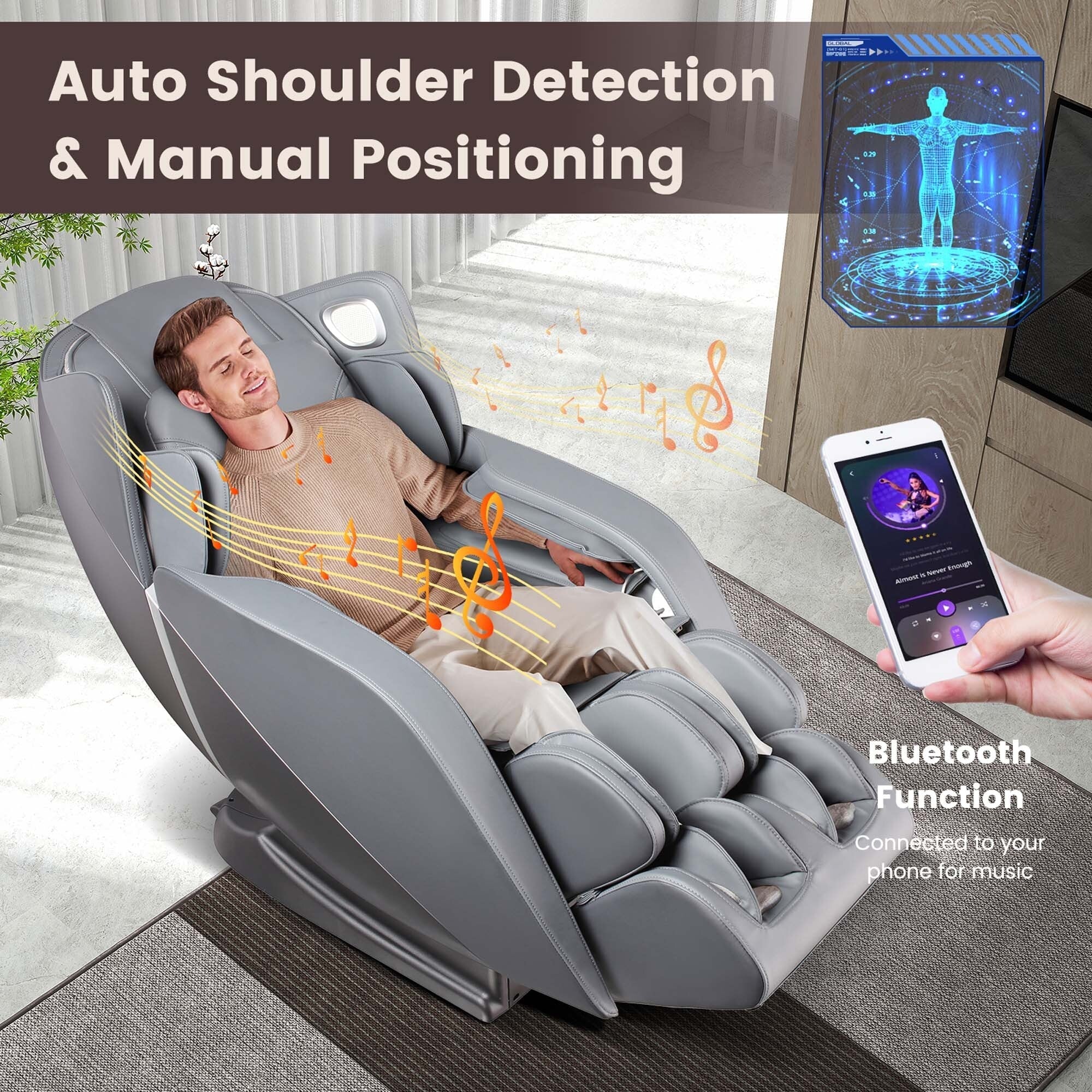 Fauteuil de massage complet confortable avec commande vocale et rouleau chauffant pour les pieds