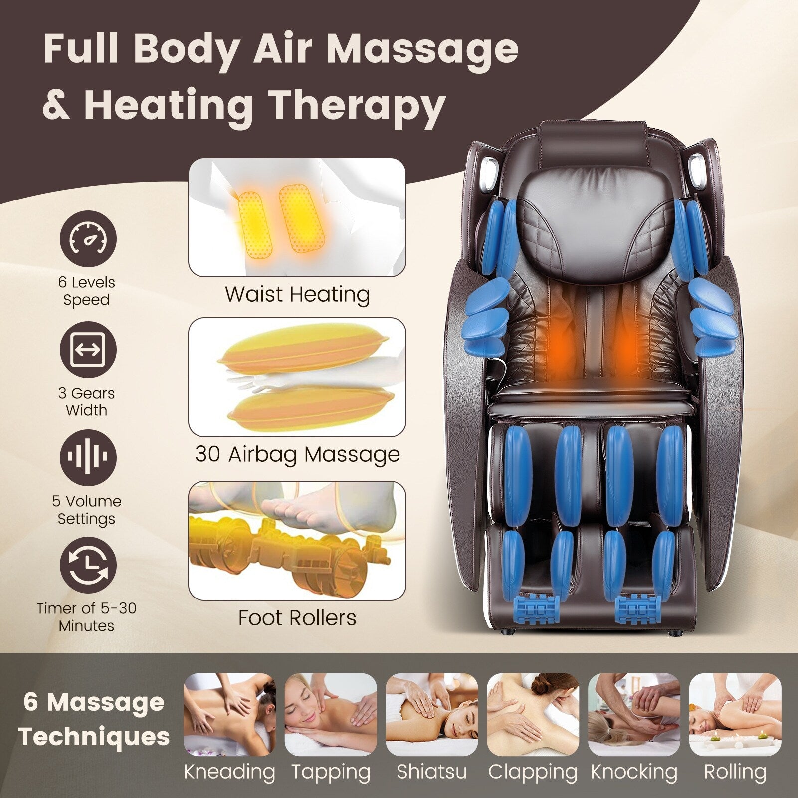 Fauteuil de massage complet confortable avec commande vocale et rouleau chauffant pour les pieds
