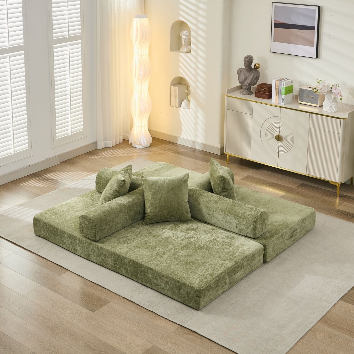 Canapé-lit convertible confortable et pliable, canapé-lit de sol, canapé de sol en chenille avec accoudoirs, canapé de salon