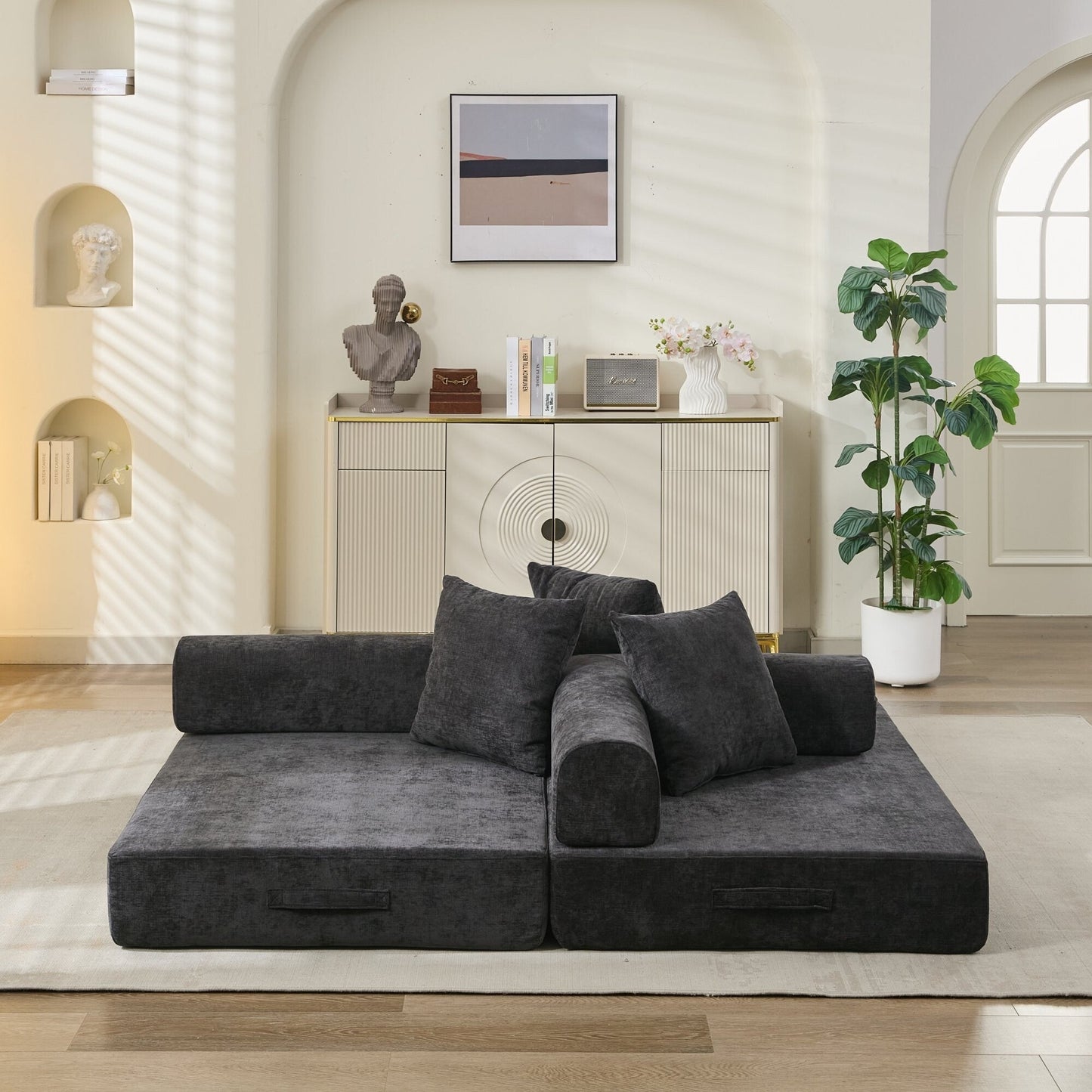 Canapé-lit convertible confortable et pliable, canapé-lit de sol, canapé de sol en chenille avec accoudoirs, canapé de salon