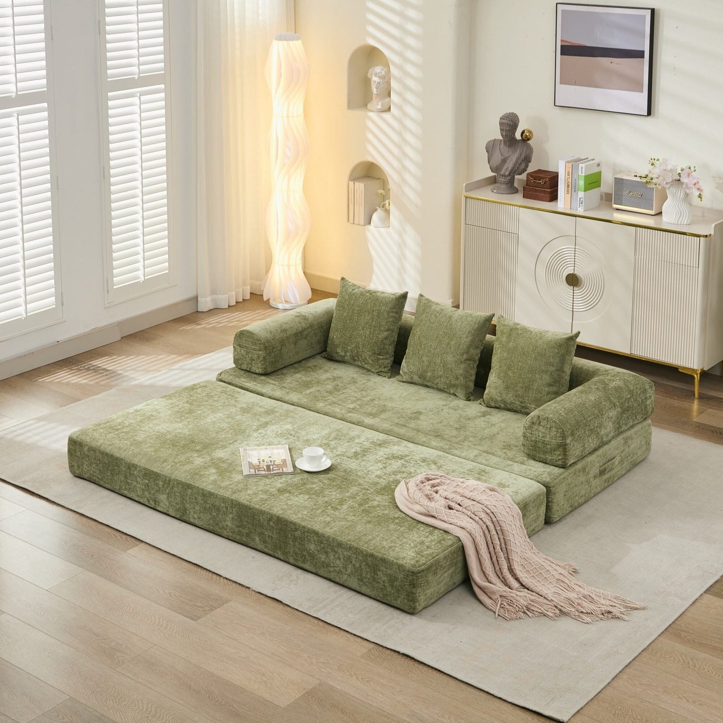 Canapé-lit convertible confortable et pliable, canapé-lit de sol, canapé de sol en chenille avec accoudoirs, canapé de salon