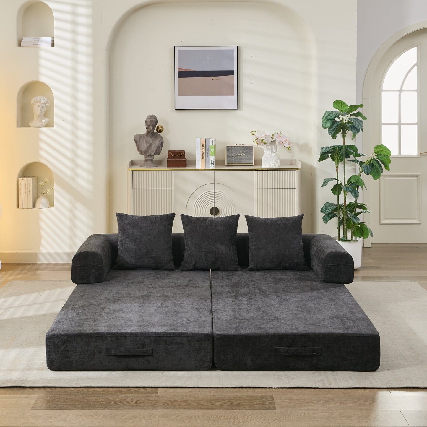 Canapé-lit convertible confortable et pliable, canapé-lit de sol, canapé de sol en chenille avec accoudoirs, canapé de salon