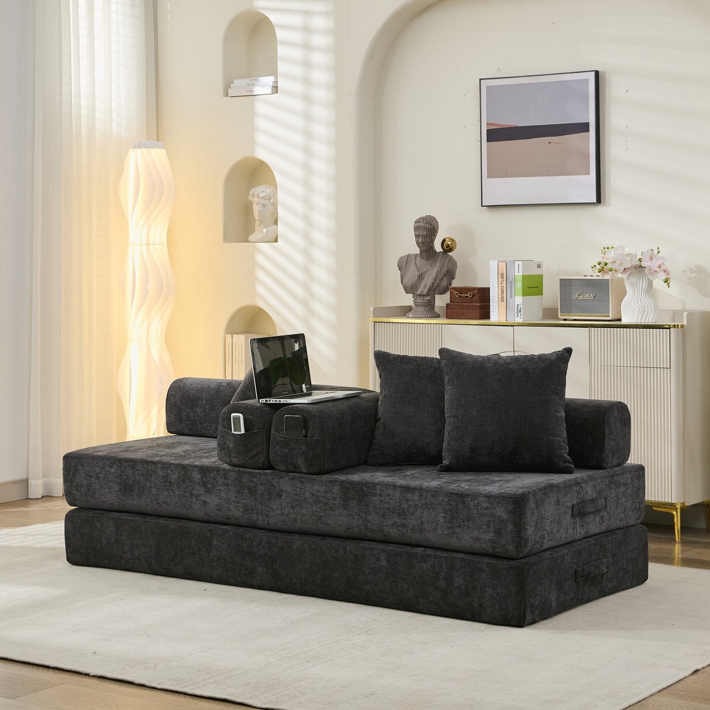 Canapé-lit convertible confortable et pliable, canapé-lit de sol, canapé de sol en chenille avec accoudoirs, canapé de salon