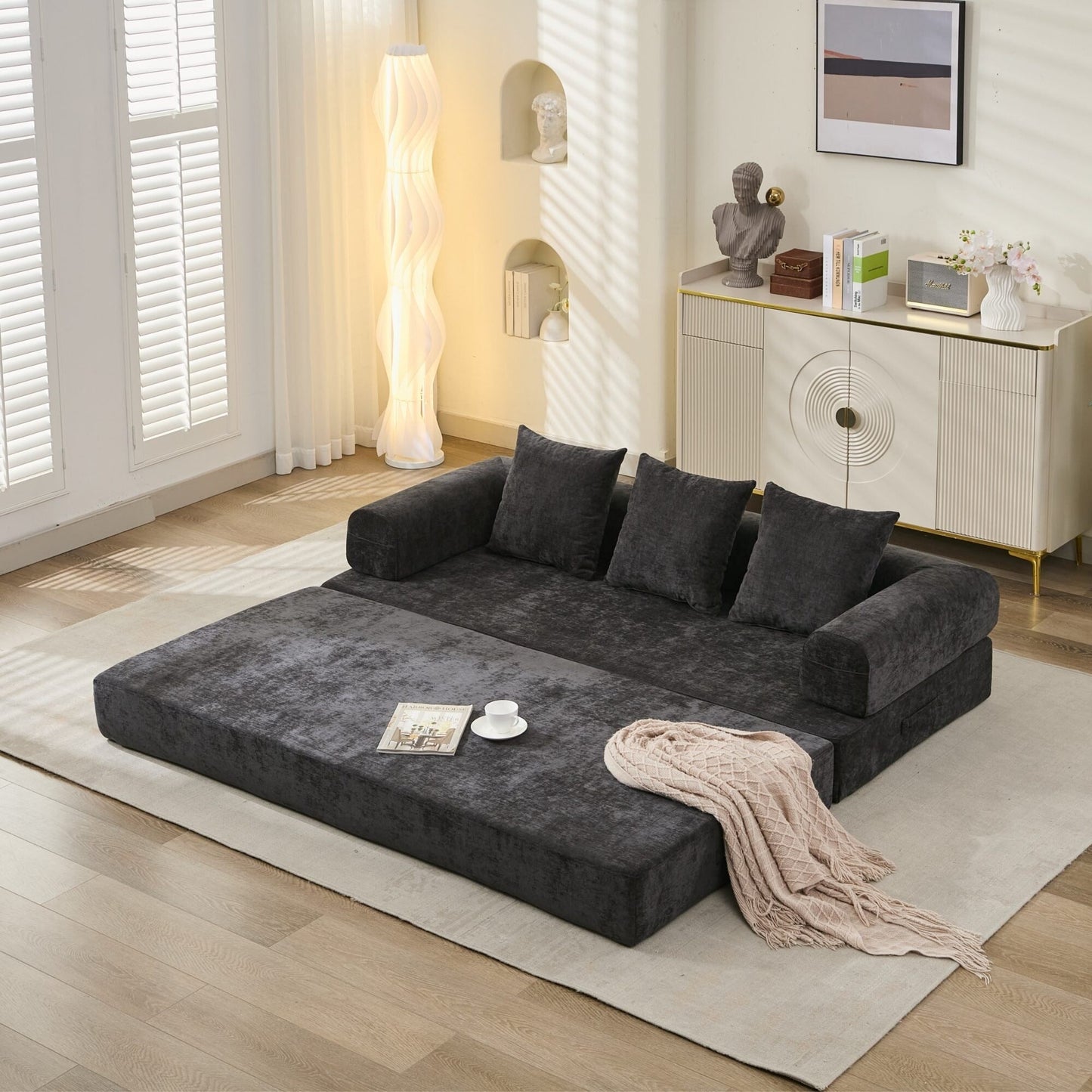 Canapé-lit convertible confortable et pliable, canapé-lit de sol, canapé de sol en chenille avec accoudoirs, canapé de salon